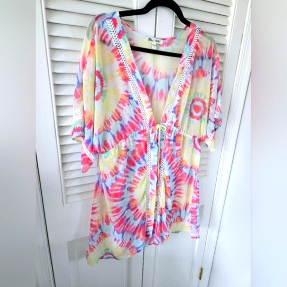 Miken Swim Tie Dye Lace Trim Tie Front Coverup Kimono - Picture 3 of 12